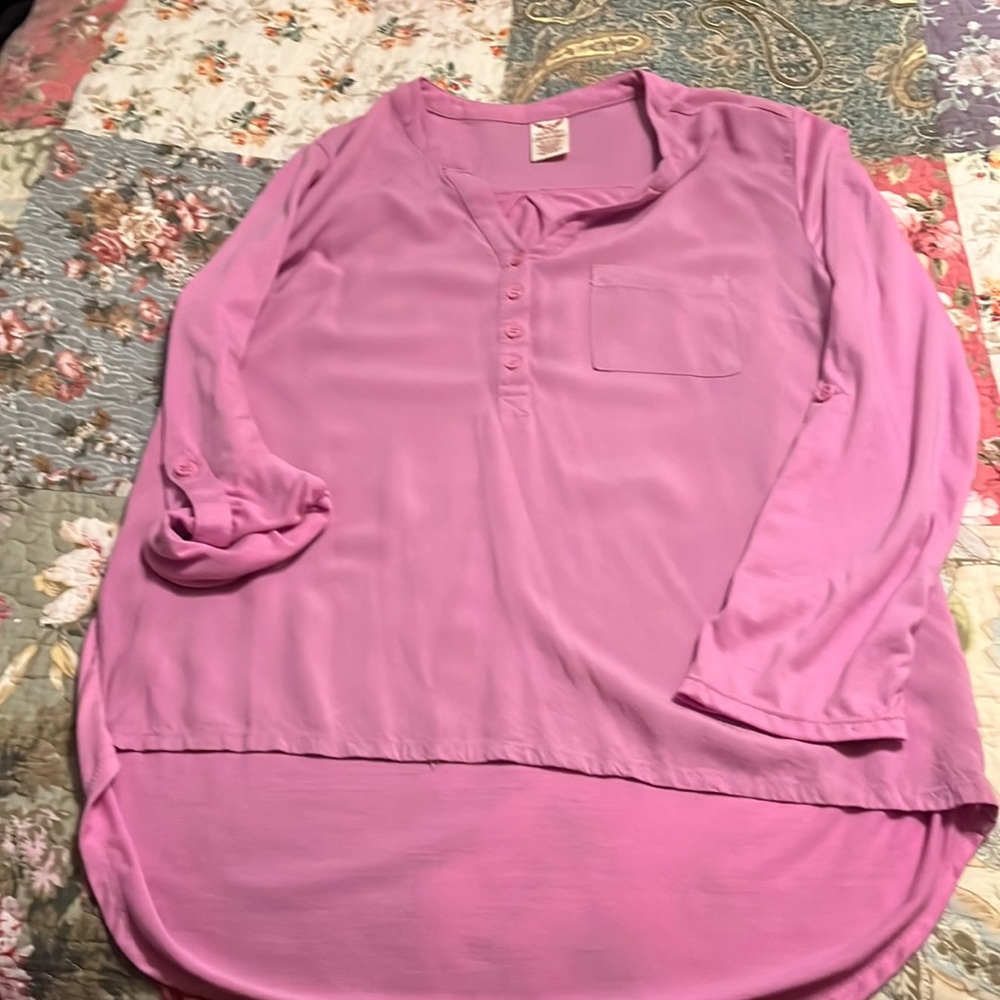 Purple rayon/polyester button shirt with long sleeves that can be rolled